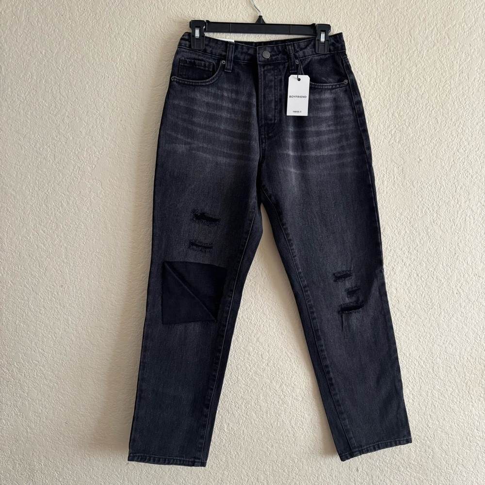 Forever 21 Boyfriend Jeans Size 26 Washed Black Distressed Mid Rise Relaxed Fit